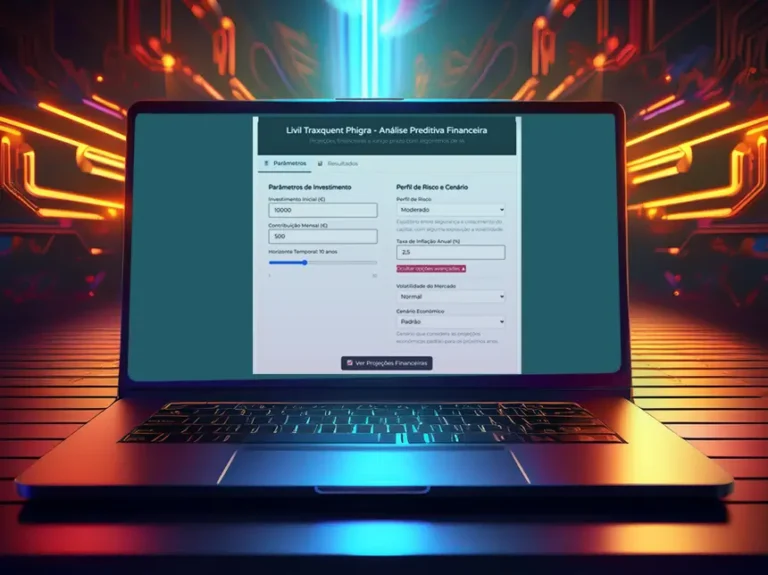 Interface da ferramenta Livil Traxquent Phigra com parâmetros preenchidos para análise preditiva financeira no ecran de um portátil em ambiente moderno e psicadélico