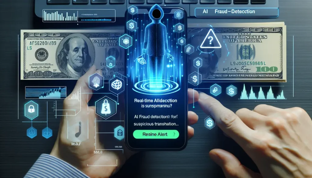 Alerta em tempo real de transações suspeitas no aplicativo, destacando a Deteção de fraudes com IA no Livil Traxquent Phigra.