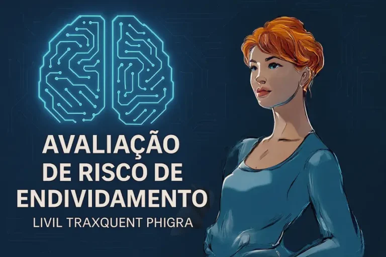 Mulher a refletir sobre risco financeiro, com fundo tecnológico e cérebro digital – Avaliação de Risco de Endividamento – Livil Traxquent Phigra