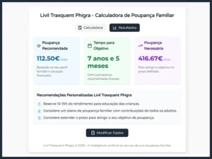 Interface da Calculadora Poupança Familiar da Livil Traxquent Phigra com resultados de simulação inteligente
