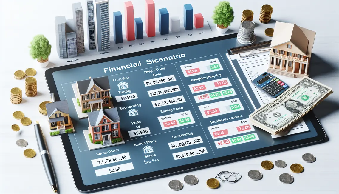 Gráfico comparando cenários financeiros de comprar casa versus alugar casa, ilustrando o impacto da simulação de cenários.