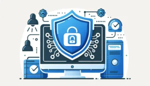 Ícone de escudo representando a proteção contra fraudes, com um computador familiar ao fundo, destacando a Deteção de fraudes com IA no Livil Traxquent Phigra.