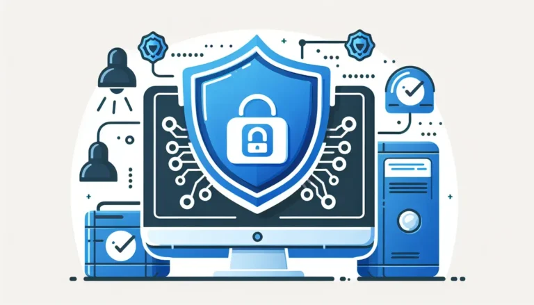 Ícone de escudo representando a proteção contra fraudes, com um computador familiar ao fundo, destacando a Deteção de fraudes com IA no Livil Traxquent Phigra.