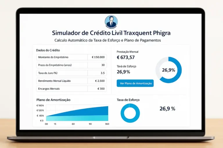 Ecrã de portátil a mostrar o Simulador de Crédito Livil Traxquent Phigra com dados preenchidos, resultados da prestação mensal, taxa de esforço e gráficos do plano de amortização.