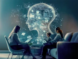 “Ilustração conceptual de uma família a interagir com uma aplicação digital de Livil Traxquent Phigra, enquanto um cérebro artificial com ícones financeiros flutua no fundo, simbolizando a poupança familiar com inteligência artificial.