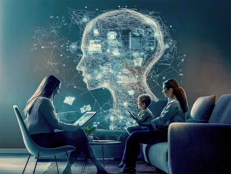 “Ilustração conceptual de uma família a interagir com uma aplicação digital de Livil Traxquent Phigra, enquanto um cérebro artificial com ícones financeiros flutua no fundo, simbolizando a poupança familiar com inteligência artificial.