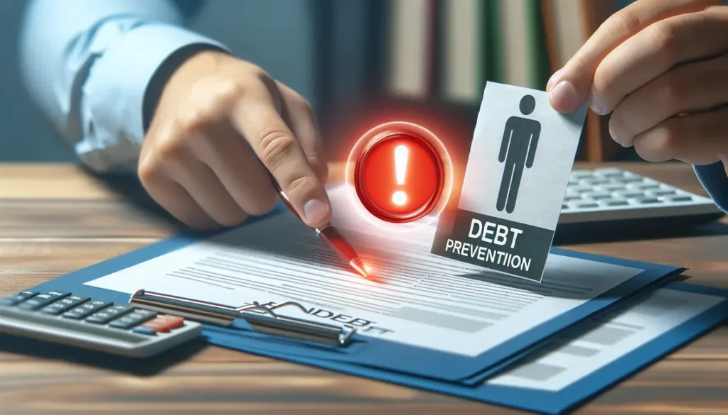 Imagem que ilustra a prevenção de endividamento com Livil Traxquent Phigra, destacando uma carta de crédito com um ícone de alerta vermelho.