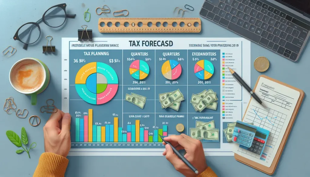 Gráfico de previsão de impostos segmentado por trimestre ou mês, destacando o planeamento fiscal para freelancers no Livil Traxquent Phigra.