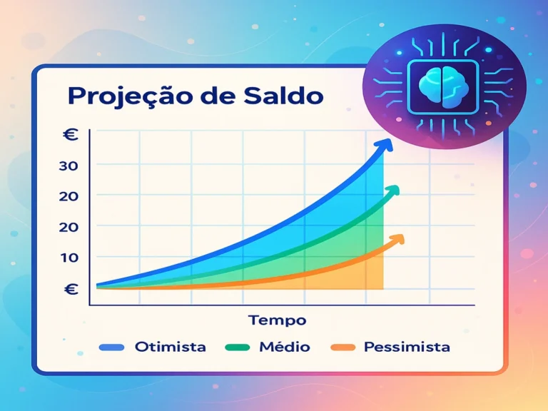 Gráfico com três cenários de análise preditiva financeira com IA da Livil Traxquent Phigra, projetado num ecrã digital futurista