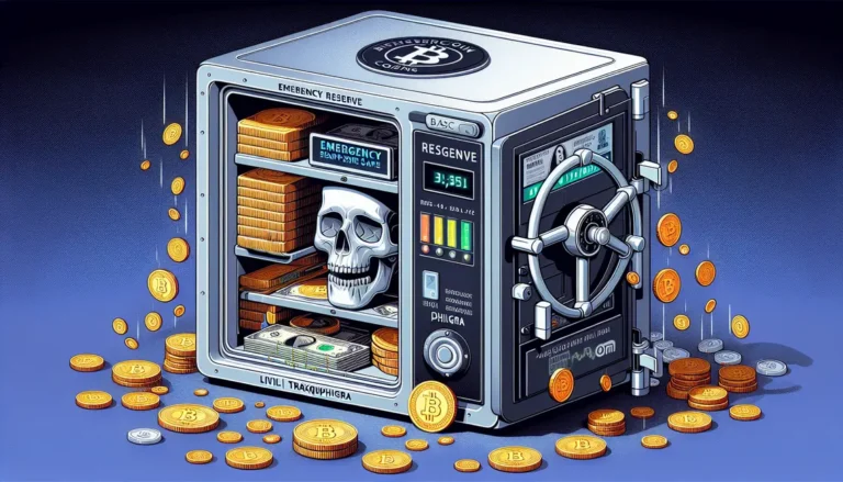 Reserva de emergência com Livil Traxquent Phigra em um cofre ilustrado que recebe moedas digitais.