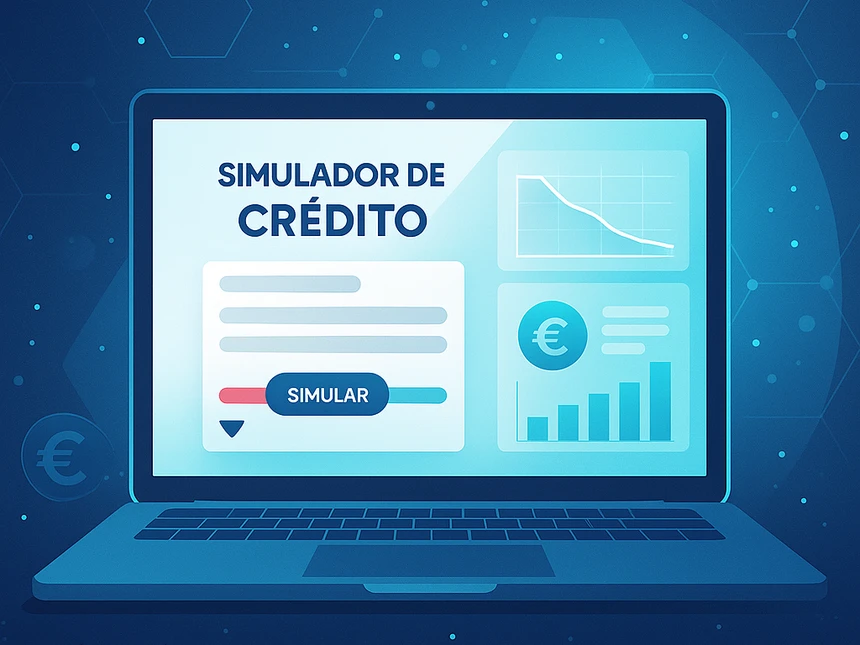 Ilustração digital abstrata de um simulador de crédito num portátil, com gráficos, botões e ícones financeiros num ambiente tecnológico azul.”