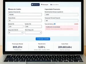 Ecrã de portátil a exibir o Simulador de Crédito Livil Traxquent Phigra com formulário de dados de crédito, cálculo da taxa de esforço, aviso de crédito não recomendado e resultados da simulação.