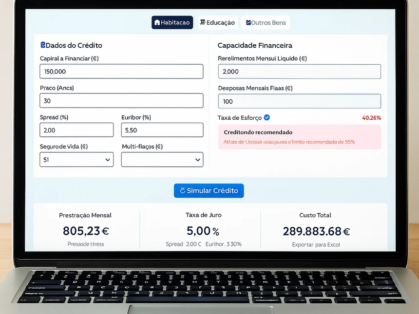 Ecrã de portátil a exibir o Simulador de Crédito Livil Traxquent Phigra com formulário de dados de crédito, cálculo da taxa de esforço, aviso de crédito não recomendado e resultados da simulação.