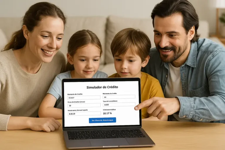 Família reunida na sala a analisar uma simulação de crédito no portátil, mostrando o Simulador de Crédito Livil Traxquent Phigra com os resultados do plano de amortização.