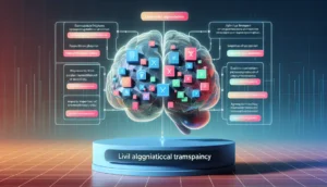 Ilustração de um cérebro artificial exibindo blocos de explicação sobre a importância da transparência algorítmica no Livil Traxquent Phigra.