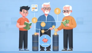 Três gerações (filho, pai, avô) a observar um diagrama de poupança, destacando as vantagens do Fundo Educacional Intergeracional com Livil Traxquent Phigra.