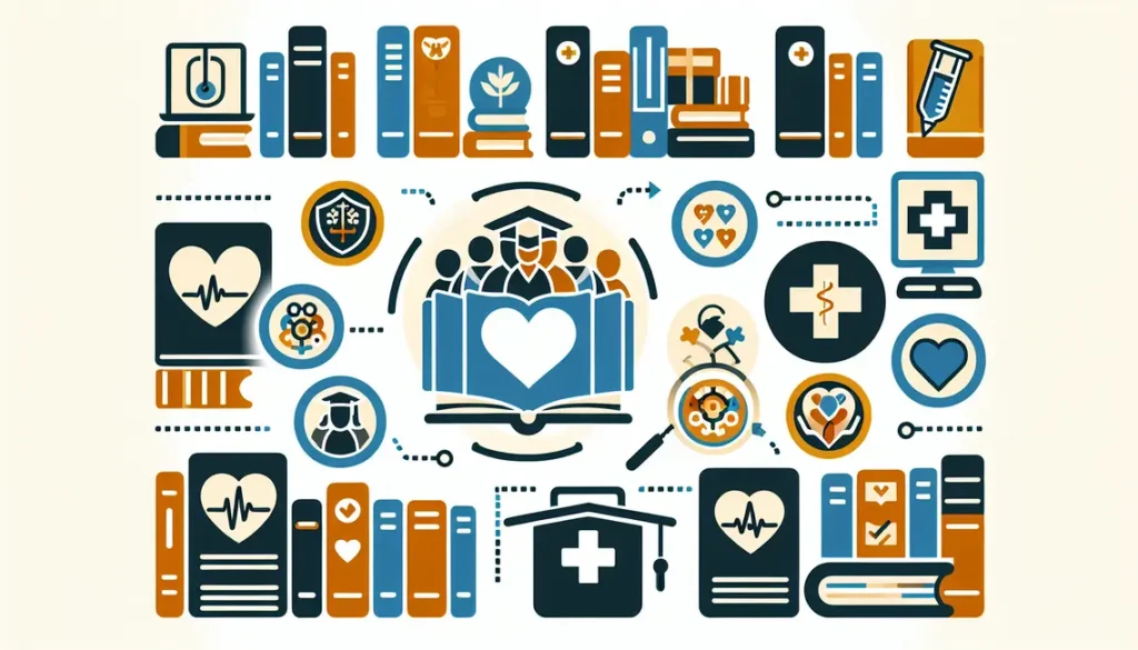 Ícones de livros e de cuidados médicos lado a lado, representando o Fundo Educacional Intergeracional com Livil Traxquent Phigra, um plano que integra educação e saúde.